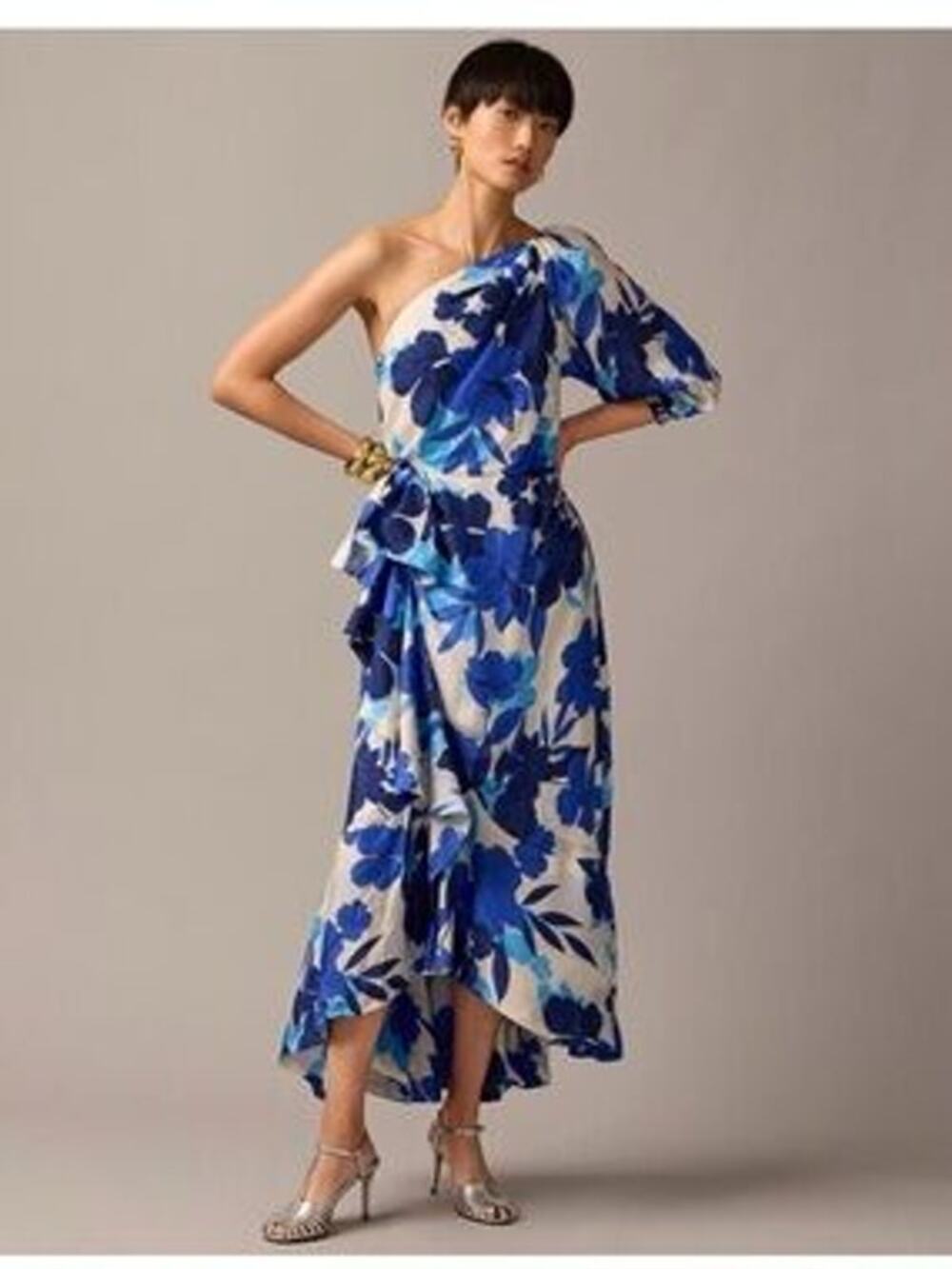 J Crew Collection one-shoulder ruffle-hem dress painted floral print Blue 6